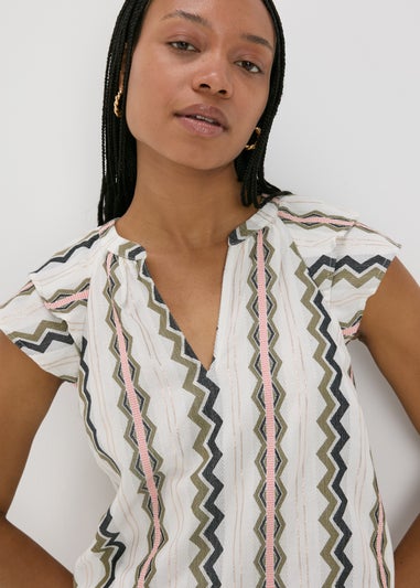 Cream Jacquard Stripe V-Neck Blouse