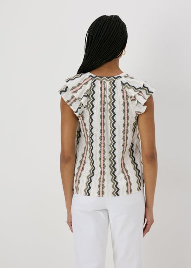 Cream Jacquard Stripe V-Neck Blouse