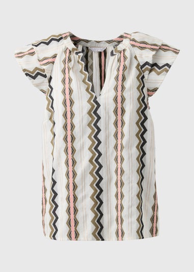 Cream Jacquard Stripe V-Neck Blouse