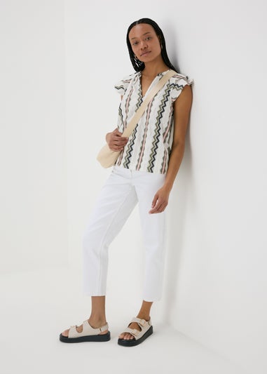 Cream Jacquard Stripe V-Neck Blouse