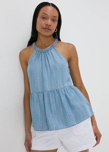 Mid wash Plaited Neck Cami Top