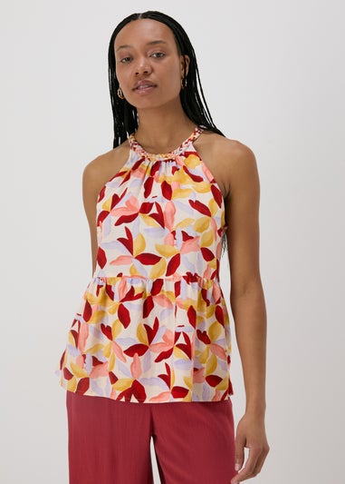 Multicolour Leaf Print Plaited Neck Cami Top