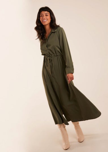 Blue Vanilla Khaki Drawstring Button Through Shirt Maxi Dress
