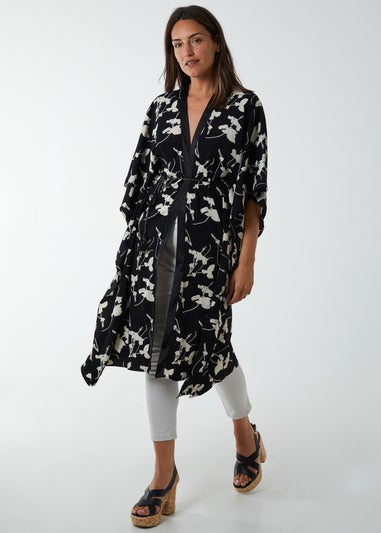Blue Vanilla Black Kimono Midi With Satin Bands