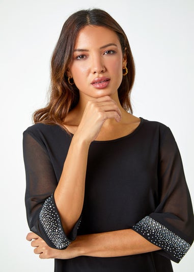 Roman Black Sparkle Embellished Cuff Chiffon Top