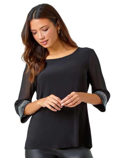 Roman Black Sparkle Embellished Cuff Chiffon Top