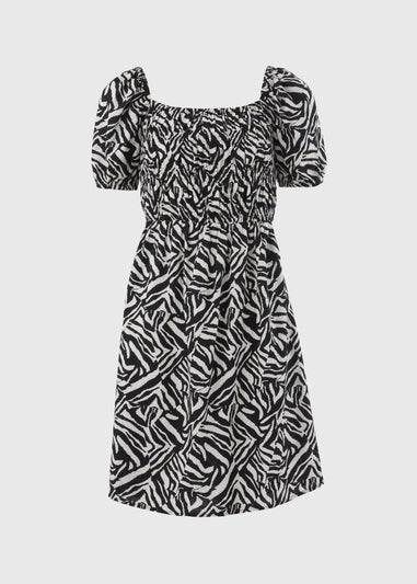 Black Mono Print Puff Sleeve Mini Dress