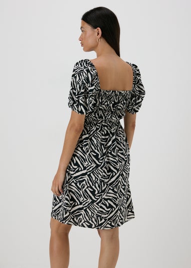 Black Mono Print Puff Sleeve Mini Dress