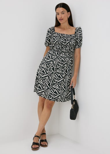 Black Mono Print Puff Sleeve Mini Dress