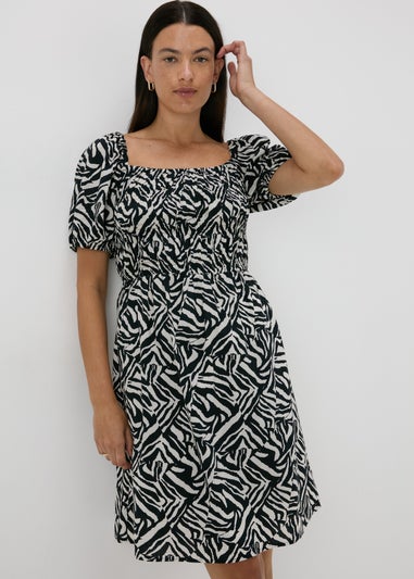 Black Mono Print Puff Sleeve Mini Dress