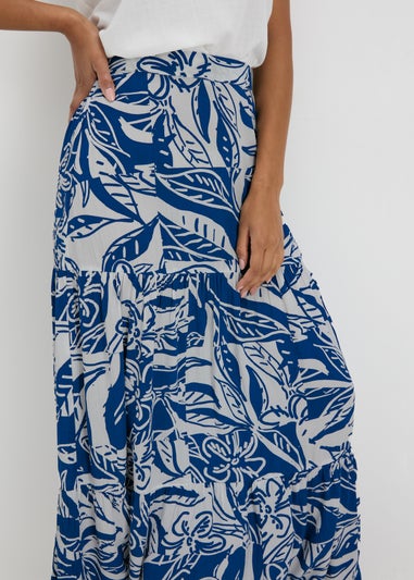 Blue Printed Crinkle Tiered Maxi Skirt