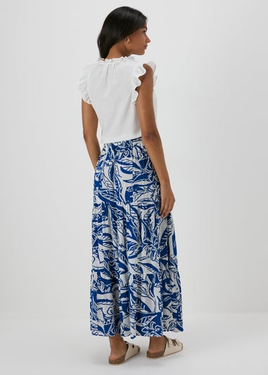 Blue Printed Crinkle Tiered Maxi Skirt