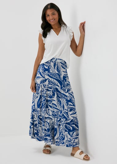 Blue Printed Crinkle Tiered Maxi Skirt