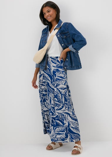 Blue Printed Crinkle Tiered Maxi Skirt