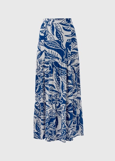 Blue Printed Crinkle Tiered Maxi Skirt