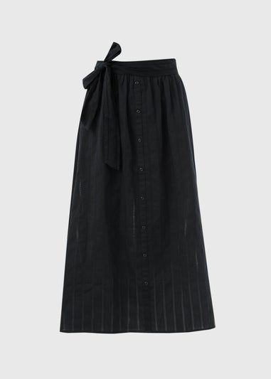 Black Button Front Dobby Midi Skirt