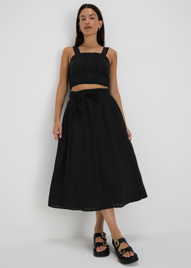 Black Button Front Dobby Midi Skirt