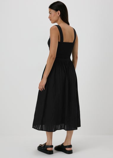 Black Button Front Dobby Midi Skirt