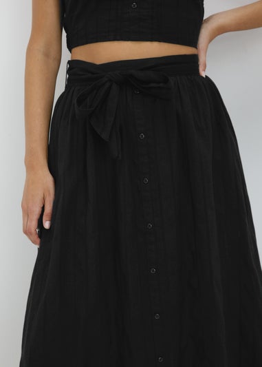 Black Button Front Dobby Midi Skirt