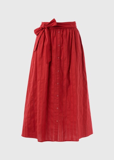 Red Button Front Dobby Midi Skirt