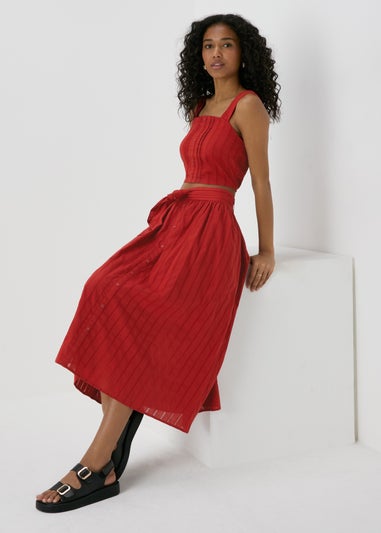 Red Button Front Dobby Midi Skirt