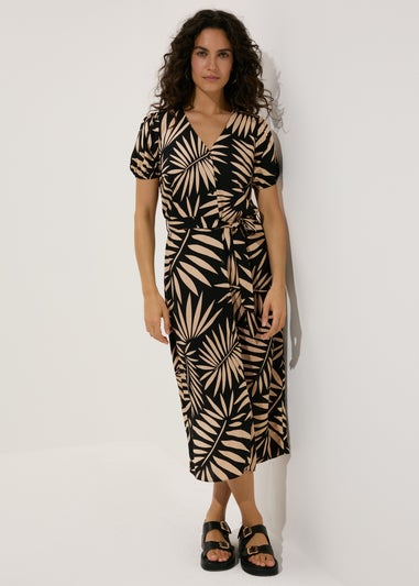 Black Leaf Print Midi Dress