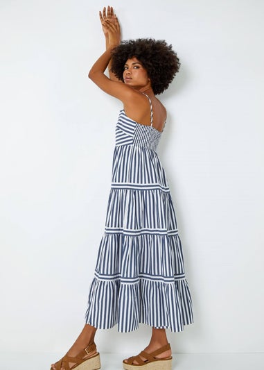 Roman Navy Sleeveless Stripe Tiered Cotton Maxi Dress