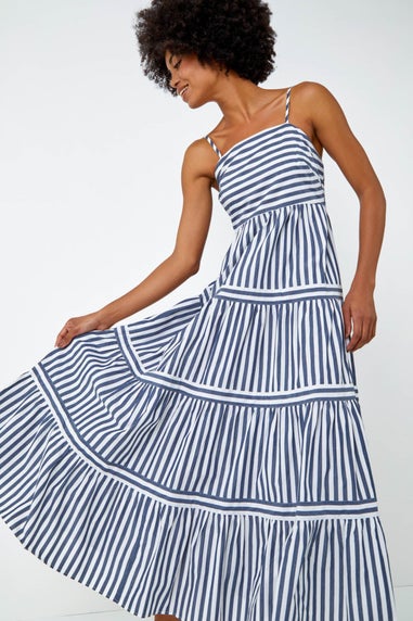Roman Navy Sleeveless Stripe Tiered Cotton Maxi Dress