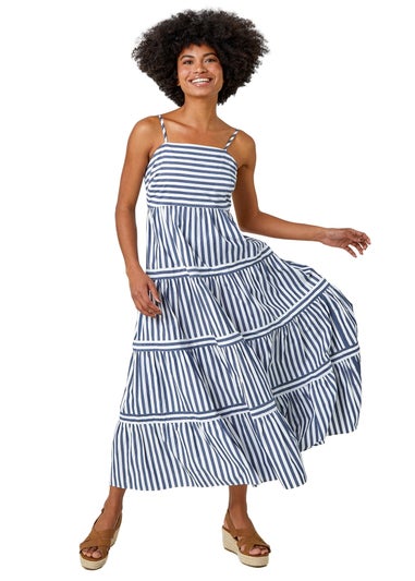 Roman Navy Sleeveless Stripe Tiered Cotton Maxi Dress