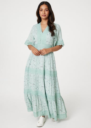 Izabel London Soft Green Floral Lace Tiered Maxi Dress
