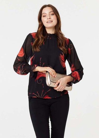 Izabel London Black Printed High Neck Sheer Blouse