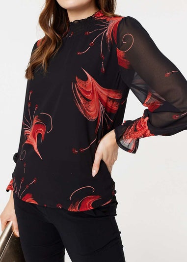 Izabel London Black Printed High Neck Sheer Blouse