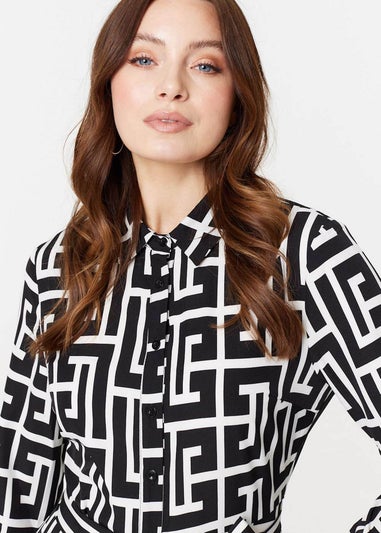 Izabel London Black Printed Tie Waist Midi Shirt Dress