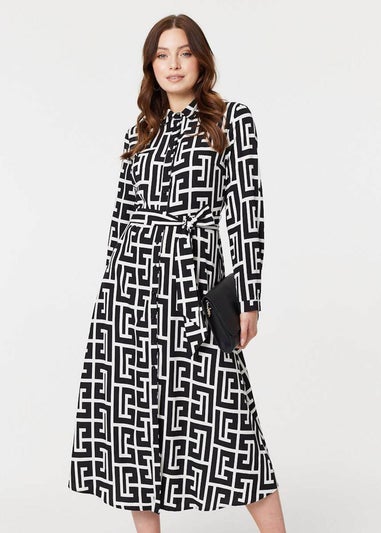 Izabel London Black Printed Tie Waist Midi Shirt Dress