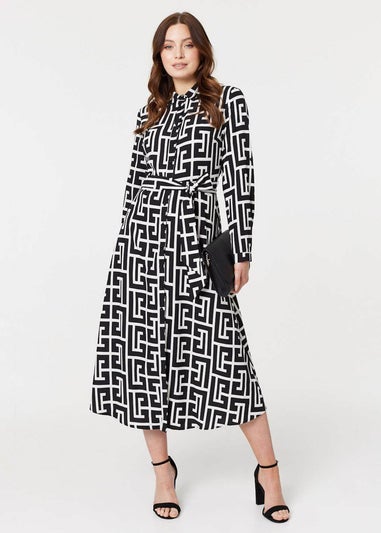 Izabel London Black Printed Tie Waist Midi Shirt Dress