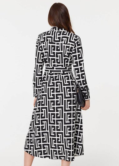 Izabel London Black Printed Tie Waist Midi Shirt Dress