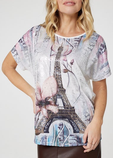 Izabel London White Metallic Eiffel Tower Logo Top
