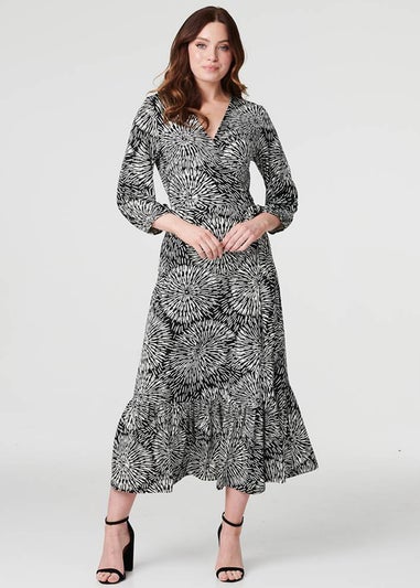 Izabel London Black Printed Midi Wrap Dress