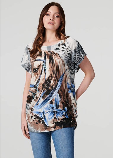 Izabel London Grey Embellished Horse Print T-Shirt