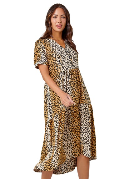 Roman Camel Leopard Print Tiered Midi Dress