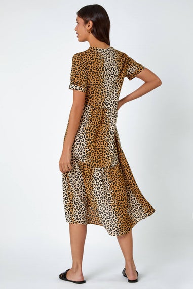 Roman Camel Leopard Print Tiered Midi Dress