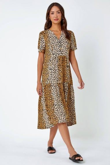 Roman Camel Leopard Print Tiered Midi Dress