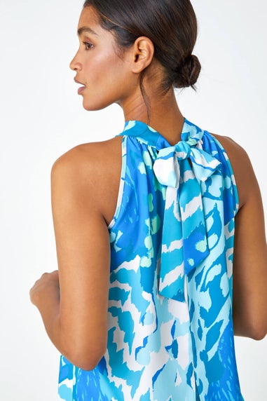 Roman Blue Animal Print Halterneck Tie Detail Top