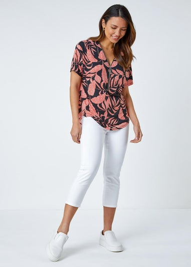 Roman Orange Leaf Print Zip Detail V-Neck Stretch Top