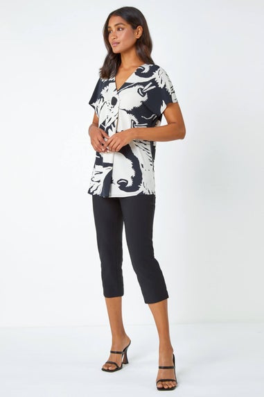 Roman Black Palm Print Button Detail V-Neck Top