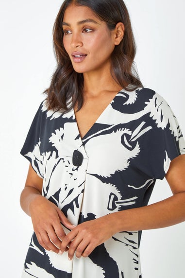 Roman Black Palm Print Button Detail V-Neck Top