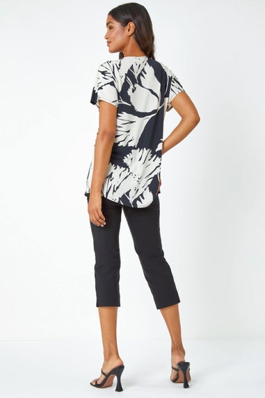 Roman Black Palm Print Button Detail V-Neck Top