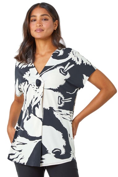 Roman Black Palm Print Button Detail V-Neck Top