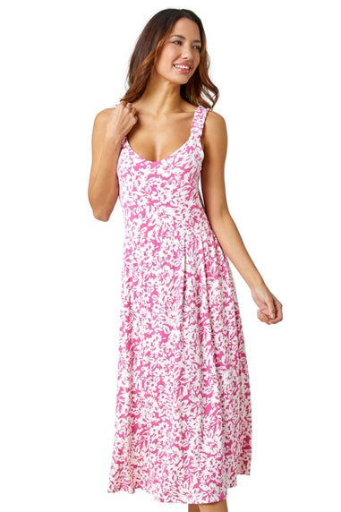 Roman Fuschia Sleeveless Floral Midi Stretch Dress