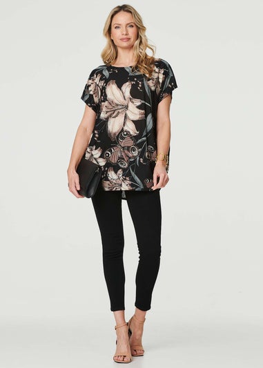 Izabel London Black Floral Butterfly Print T-Shirt